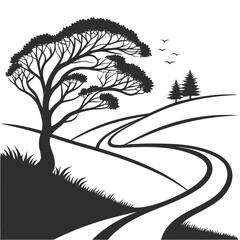 Black silhouette of a tree and rolling hills with a winding path