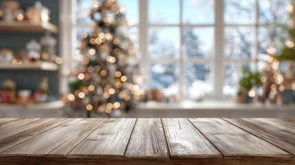 empty wooden table with blurred background of a christmas tree and decorations in a dining room, for product display montage. 3d rendering. Cozy natural interior during christmas time, christmas tree 