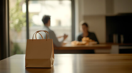 Takeout for Two: Couple enjoying a meal at home with a delivery bag in the foreground. Fresh takeout brings ease to a cozy evening indoors. Enjoy!