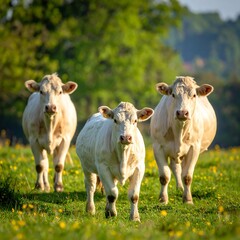 Charolais Cows Grazing in a Sunny Meadow - A Pastoral Scene.