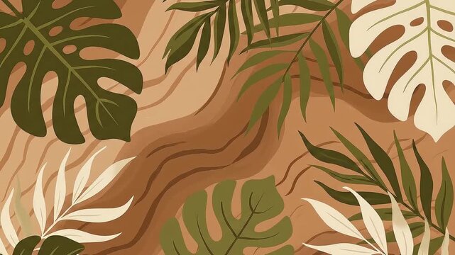 bohemian tropical leaves pattern green monstera and palm foliage on an earthy brown wavy background perfect for natural graphic design.
