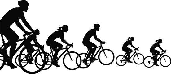 Obraz premium Silhouette illustration of group cyclists riding together showing teamwork, outdoor fitness, healthy lifestyle, and sport activity concept