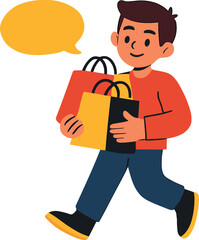 Cartoon man holding colorful shopping bags with a blank yellow speech bubble, ready for customizable sale or advertisement messages.