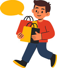 Cartoon man holding colorful shopping bags with a blank yellow speech bubble, ready for customizable sale or advertisement messages.
