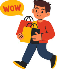 Cheerful cartoon man carrying colorful shopping bags with a speech bubble saying “WOW,” symbolizing excitement and joy during a big sale or shopping event.