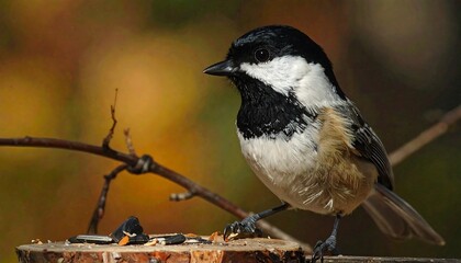A beautiful coal tit bird perched on a wooden stump in a natural environment