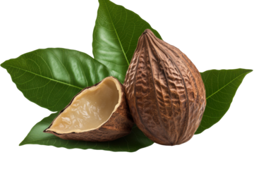 Betel nut isolated on a transparent background showcasing its brown shell and creamy interior along with green leaves for added contrast