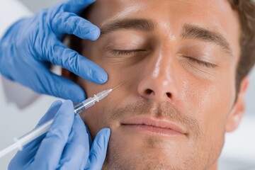 Naklejka premium Handsome Man Receiving a Cosmetic Filler Injection in His Face