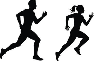Silhouette illustration of man and woman running together representing fitness, speed, motivation, and active healthy lifestyle concept