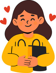Smiling cartoon woman in a yellow sweater holding a shopping bag with hearts floating around, symbolizing happiness and love for shopping.