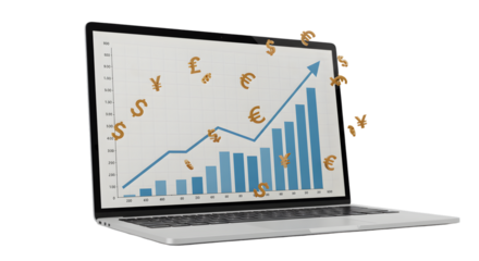 Laptop displaying rising bar chart — digital growth analytics stock photo