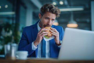 Businessman Eating a Burger While Working Late at the Office