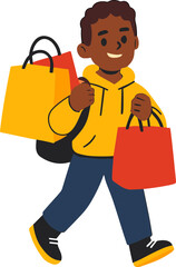 Smiling boy in a yellow hoodie carrying red and yellow shopping bags, walking cheerfully after a successful Black Friday sale.
