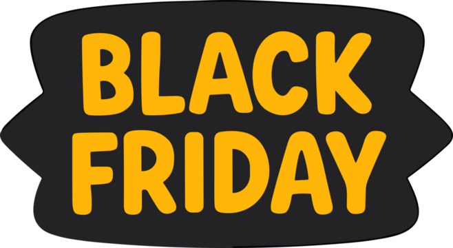 Bold yellow “Black Friday” text on a black badge-style background in flat vector design, perfect for seasonal sale promotions and marketing materials. - Powered by Adobe