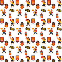 Seamless Black Friday pattern featuring cheerful shoppers, “Be Kind” hearts, sale signs, and “Super Sale” posters in warm red, yellow, and black tones on a light beige background.