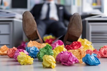 Businessman Relaxing with His Feet Up on a Desk Full of Crumpled Paper