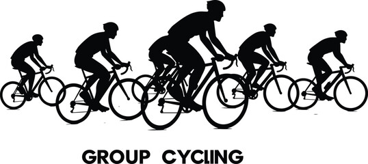 Obraz premium Silhouette of cyclists group riding together on road showcasing teamwork, endurance, speed, fitness, and healthy outdoor lifestyle