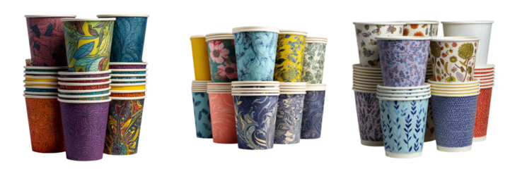 Set of A hand-crafted ceramic cup featuring ocean wave artwork on transparent png background. Ai generated