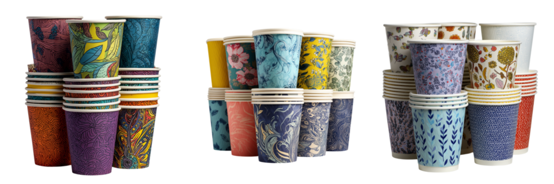 Set of A hand-crafted ceramic cup featuring ocean wave artwork on transparent png background. Ai generated - Powered by Adobe