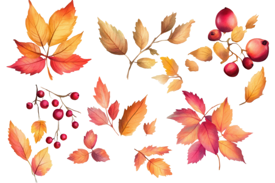 Colorful autumn leaves and berries in vibrant watercolor showcase nature's beauty and the transition of seasons