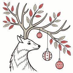 Reindeer antlers with festive ornaments and leaves