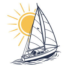 Sailboat sailing on water with sun behind vector