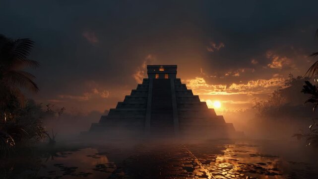 Sunsets over ancient pyramid in jungle during twilight hours