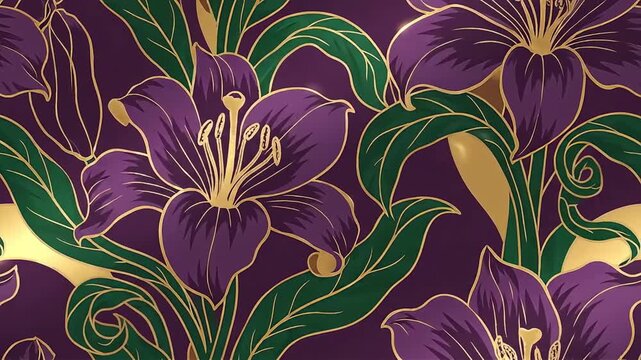 purple and gold art nouveau floral pattern featuring stylized lilies and curling green leaves creating a luxurious decorative background design.