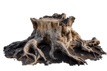 Striking old tree stump revealing intricate roots, showcasing nature's beauty in a serene forest setting at golden hour