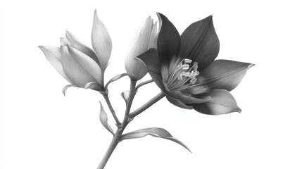 Obraz premium Exquisite black and white botanical illustration showcasing delicate magnolia blossoms in varying stages of bloom against a clean, minimalist white backdrop.