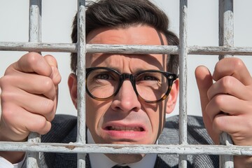 Anxious Businessman Clinging to Jail Bars, Symbolizing Legal Trouble or Imprisonment