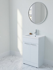 Compact white bathroom vanity with round mirror in bright corner
