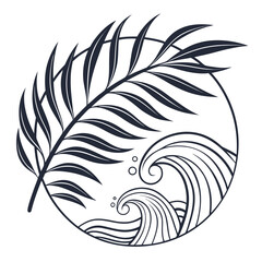 Dark blue palm leaf and wave icon ocean water