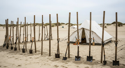 Row of shovels standing in the sand in front of a white tent