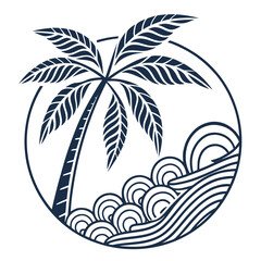 Dark blue palm tree and wave icon ocean tropical