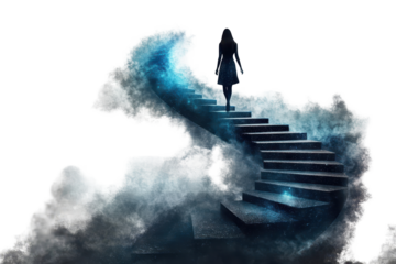 Woman walks upward on a spiraling cosmic staircase filled with swirling clouds and bright colors in a dreamlike atmosphere during an otherworldly journey
