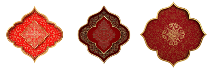 Set of Golden and red luxury Islamic ornamental banner, elegant calligraphy-inspired shapes, traditional arabesque border on transparent png background. Ai generated