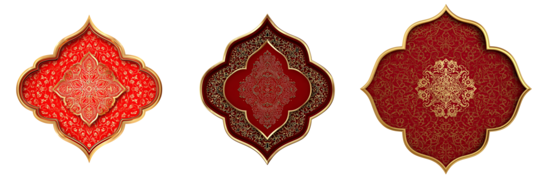 Set of Golden and red luxury Islamic ornamental banner, elegant calligraphy-inspired shapes, traditional arabesque border on transparent png background. Ai generated - Powered by Adobe
