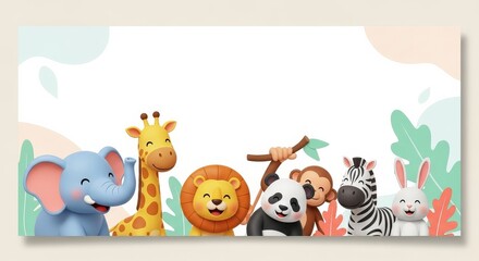 Illustration of cute animal cartoon banner isolated on white background for kids theme