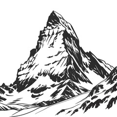 Black and white sketch of a sharp alpine peak mountain