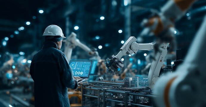Engineer in white hard hat with laptop in futuristic factory with robotic arms, digital screens, and holographic displays