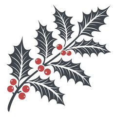 Dark grey holly branch with red berries vector leaf © RABBYMIA