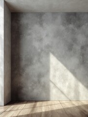 Architectural Serenity: A contemporary interior presents a study in textures, where the rough, textured wall stands in stark contrast to the smooth wooden floor and the interplay of light and shadow.