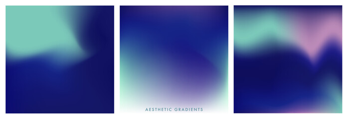 Obraz premium Aurora sky gradient background. Polar night. Dark blue, green, purple color gradation banner. Blurred northern lights fuzz colorful bg. Set of 3 square vector gradients for winter, North Pole designs