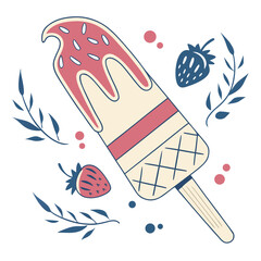 Flat ice cream popsicle with strawberries and leaves