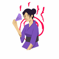 illustration of a Japanese woman wearing a kimono holding a paper fan due to the heat of summer
