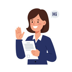 Smiling woman in business attire waves hello holding document greeting gesture animated character illustration