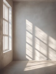 Obraz premium Solitary Light: Geometric shadows dance across a stark, minimalist interior. The interplay of light and shadow create a serene atmosphere, with a natural wooden floor and a framed window. 