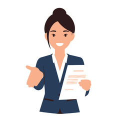 Businesswoman holding document gesturing confidently professional portrait illustration