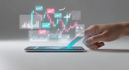 Person's Finger Interacting with Futuristic Financial Data Hologram Above Smartphone stock market finance isolated on a transparent background